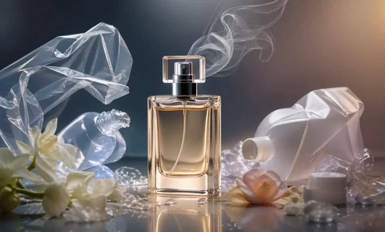 Perfume bottle surrounded by plastic elements representing synthetic fragrance smell caused by chemical reaction and skin interaction