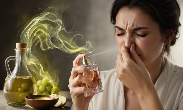 Perfume bottle emitting a sharp sour scent concept representing oxidation and why perfume smells like vinegar