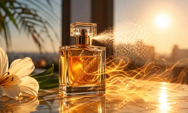 Perfume bottle releasing scent in hot sunlight showing increased evaporation and stronger fragrance projection in heat