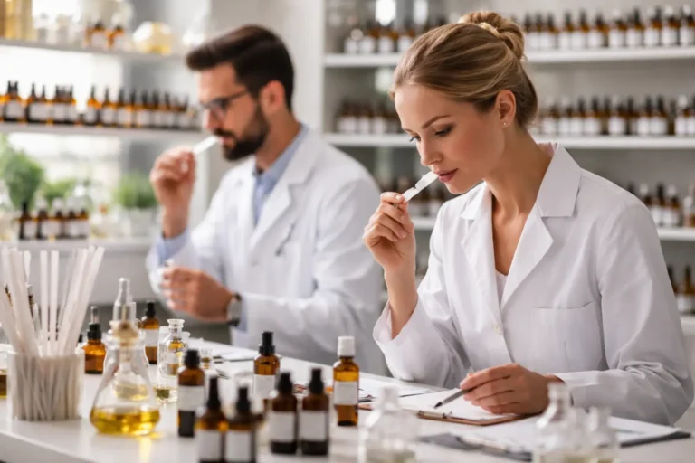 Professional perfumers in a fragrance lab smelling scent blotters while evaluating aroma compositions and training their olfactory memory with essential oils and raw materials