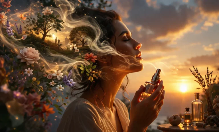 Aesthetic perfume composition with jasmine, citrus, spices, and smoky atmosphere symbolizing the philosophy of scent, emotional connection, and the psychology of smell