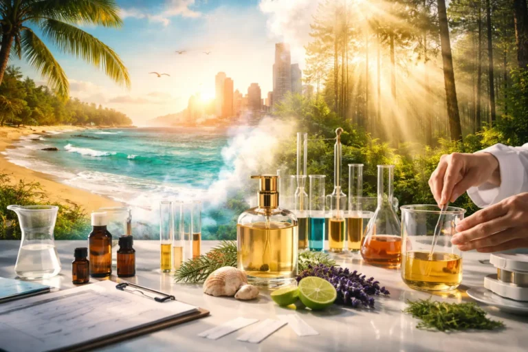 Perfumer recreating the scent of a place using natural elements, lab tools, and blended fragrance ingredients inspired by beach, forest, and city environments