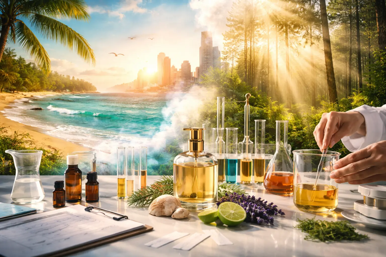 Perfumer recreating the scent of a place using natural elements, lab tools, and blended fragrance ingredients inspired by beach, forest, and city environments