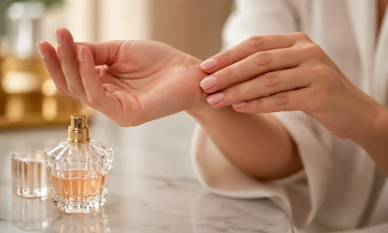 Close-up of a person rubbing perfume on their wrists, illustrating how friction can damage fragrance molecules and affect scent longevity
