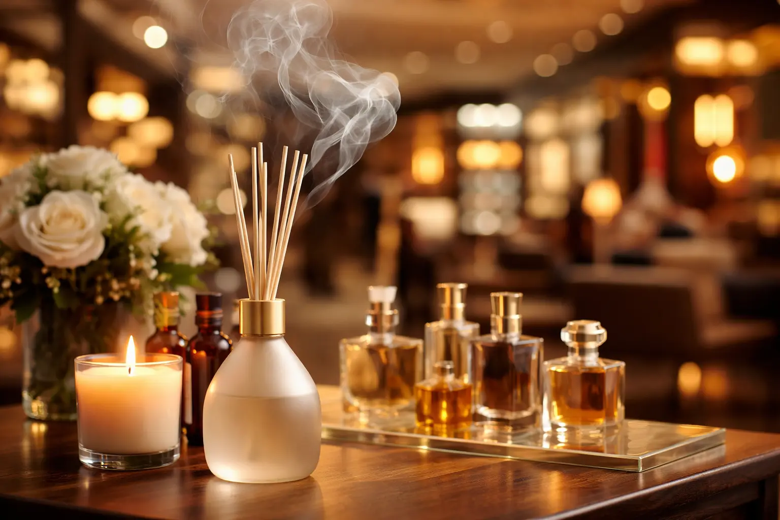 A luxury scent branding setup with diffuser, candles, and perfumes creating a warm and inviting atmosphere in a high-end retail space