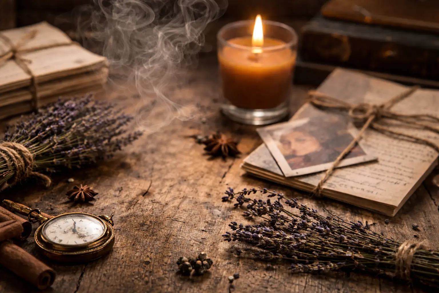 nostalgic scent memory scene with candle, old letters, lavender, and vintage objects symbolizing emotional fragrance memories