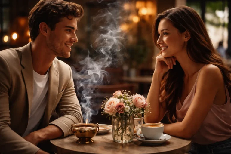 A couple sitting in a cozy café with soft lighting and subtle smoke in the air, illustrating how scent influences emotional connection and first impressions