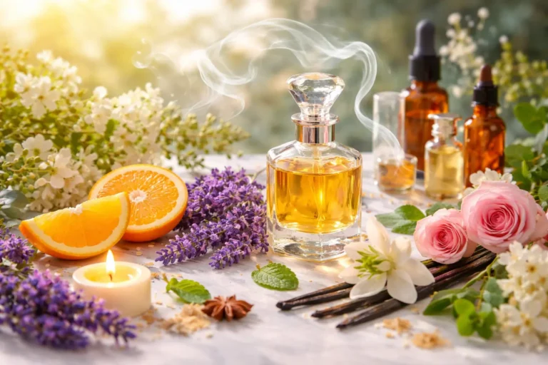 A vibrant composition of citrus, flowers, and vanilla surrounding a perfume bottle representing how scents influence mood and happiness