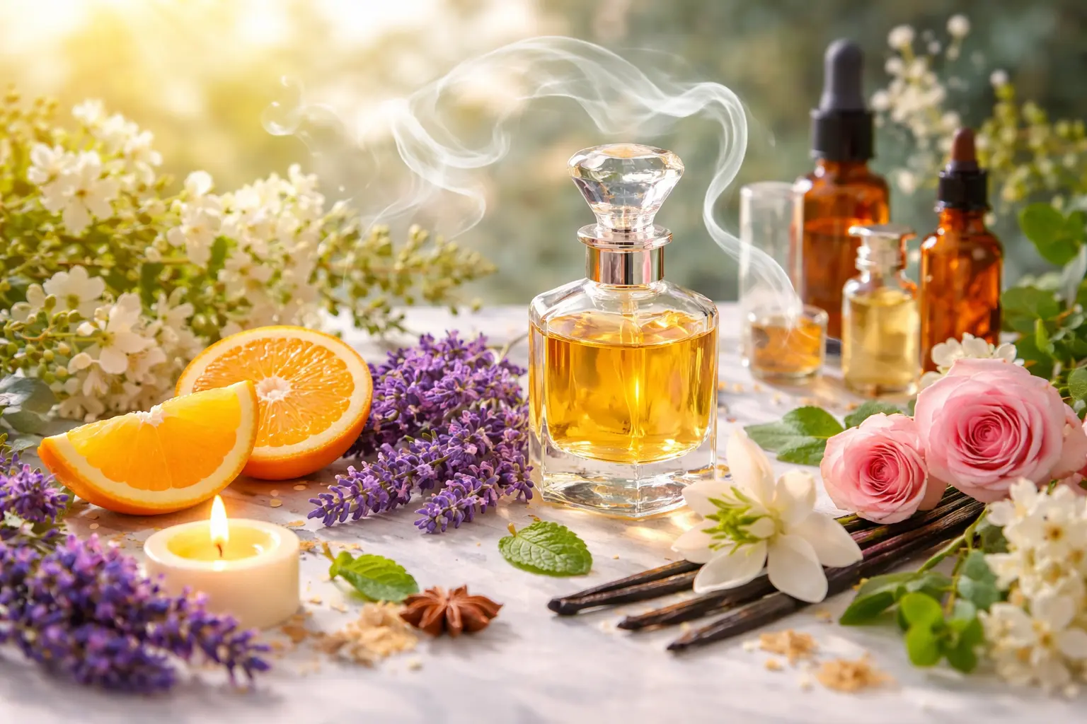 A vibrant composition of citrus, flowers, and vanilla surrounding a perfume bottle representing how scents influence mood and happiness