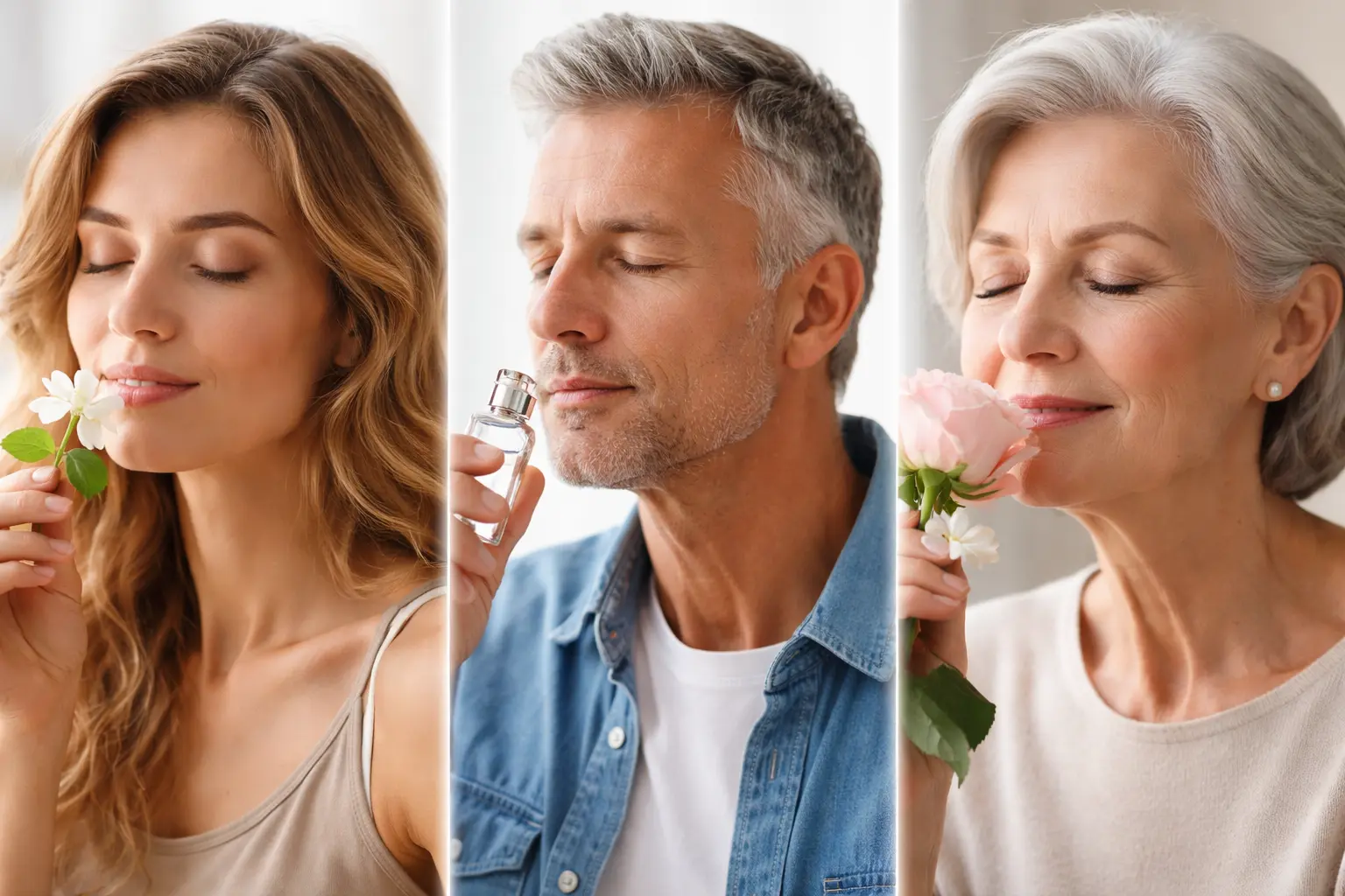 comparison of how sense of smell changes with age in young adult, middle-aged man, and elderly woman smelling perfume and flowers