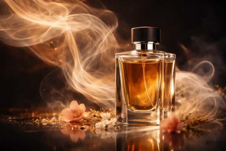 Sillage in perfume visualized as an elegant fragrance trail with soft smoke flowing around a luxury perfume bottle