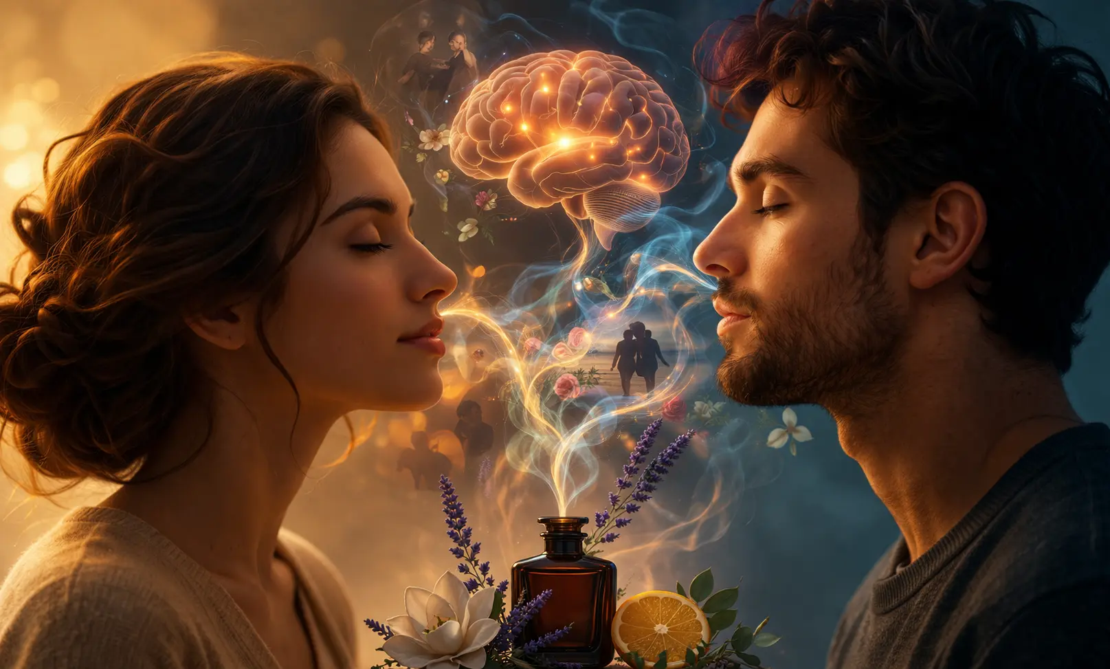 intimate human connection through scent, emotional bonding between couple with soft fragrance atmosphere and warm light