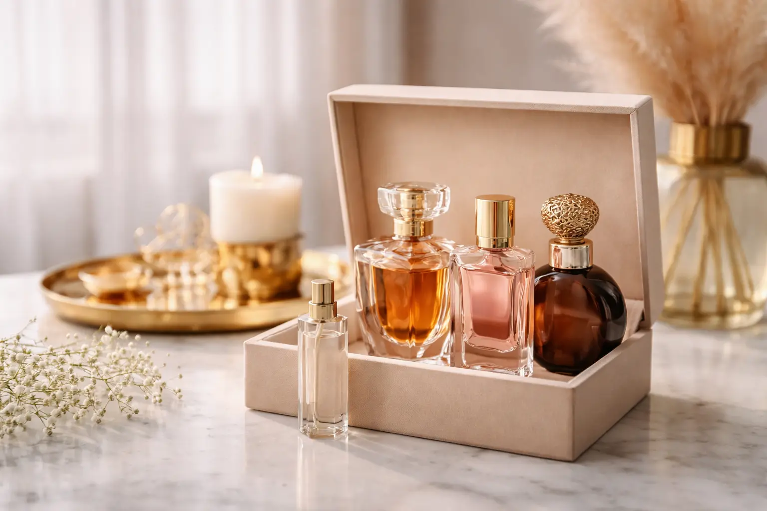 perfume bottles stored in a cool dark place inside a box to preserve fragrance quality