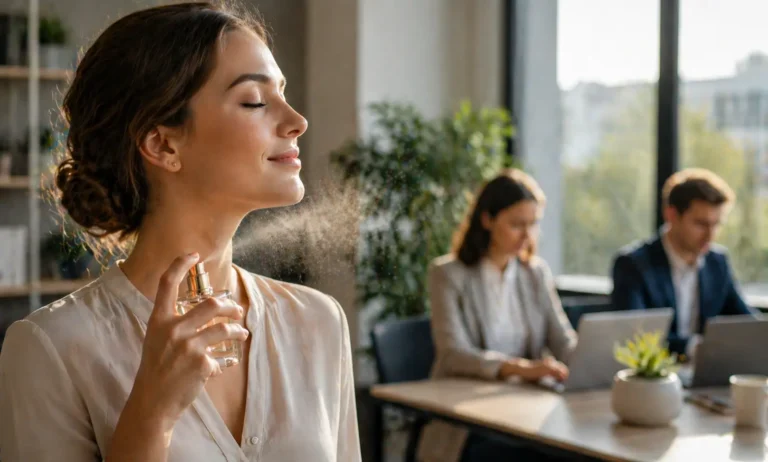 A subtle clean perfume applied lightly on skin in a calm setting, representing a fragrance that stays close to the skin and does not disturb others