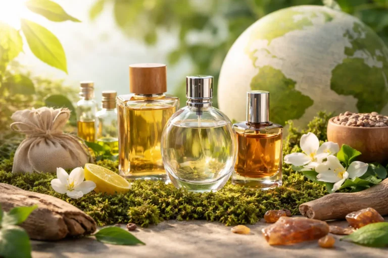 eco-friendly sustainable perfume surrounded by natural ingredients like flowers, citrus, and wood representing green fragrance concept