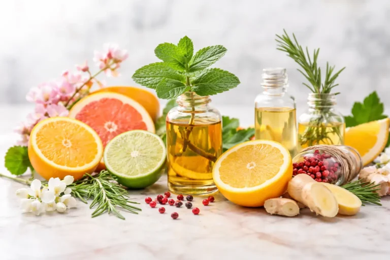 Citrus and herbal ingredients symbolizing top notes in perfume, illustrating the fresh, sharp, and fast-evaporating opening layer of a fragrance