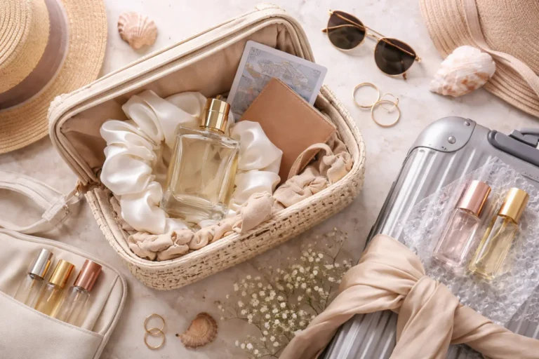Flat lay of perfume bottles safely packed in a travel bag with protective wrapping, illustrating how to travel with perfume without damaging it and prevent leaks during flights.