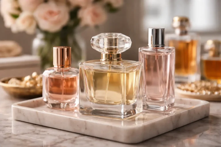 Unopened perfume bottles displayed on a marble tray in a soft-lit environment, representing fragrance storage and shelf life