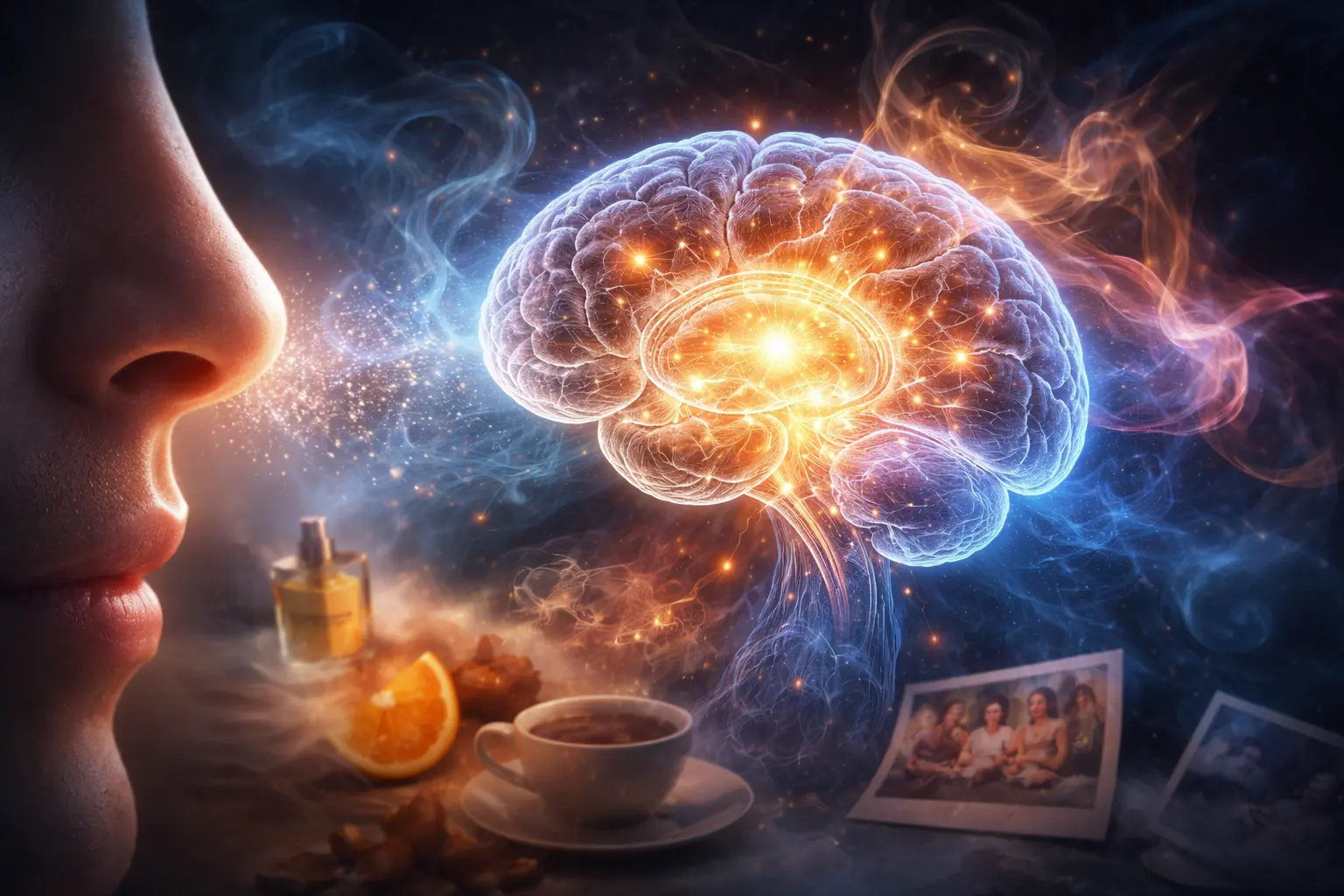 visual representation of how the brain reacts to loss of smell including memory disruption, emotional processing, and olfactory system changes