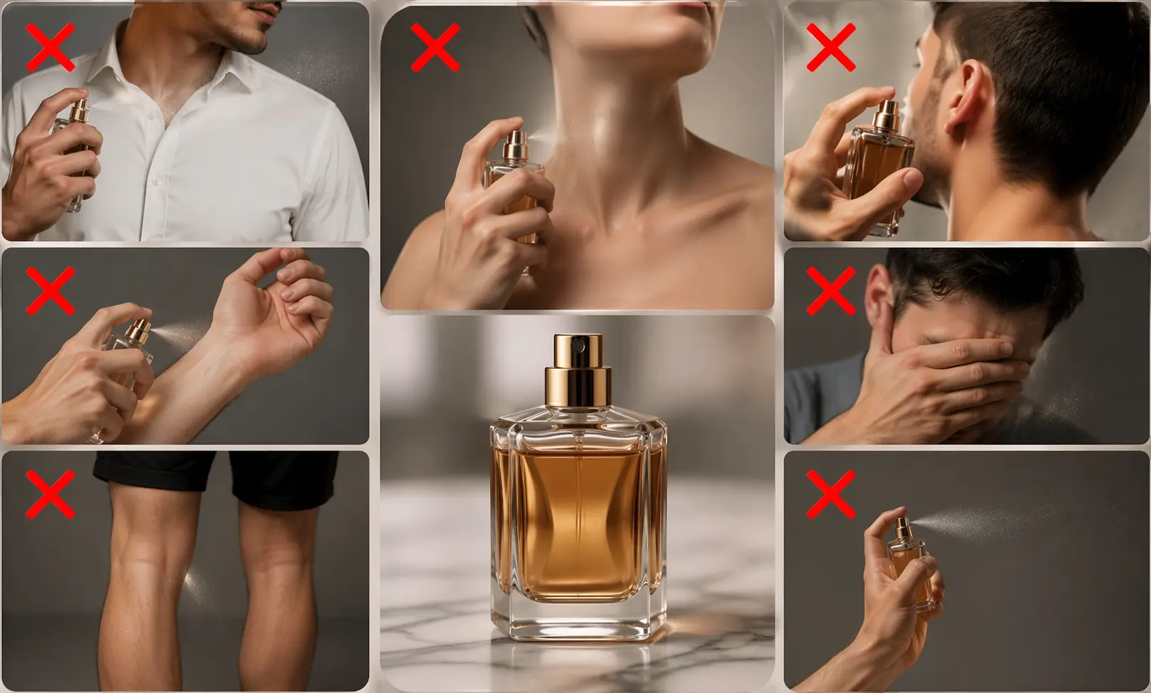 Perfume application mistakes illustrating wrong areas to spray fragrance including clothes high heat zones and skin affecting projection and longevity