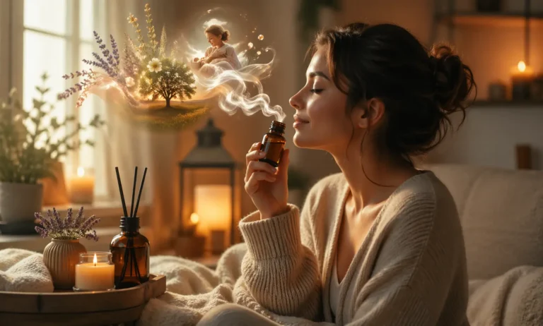 woman relaxing in a warm cozy environment smelling a fragrance representing comforting scents and emotional connection to smell