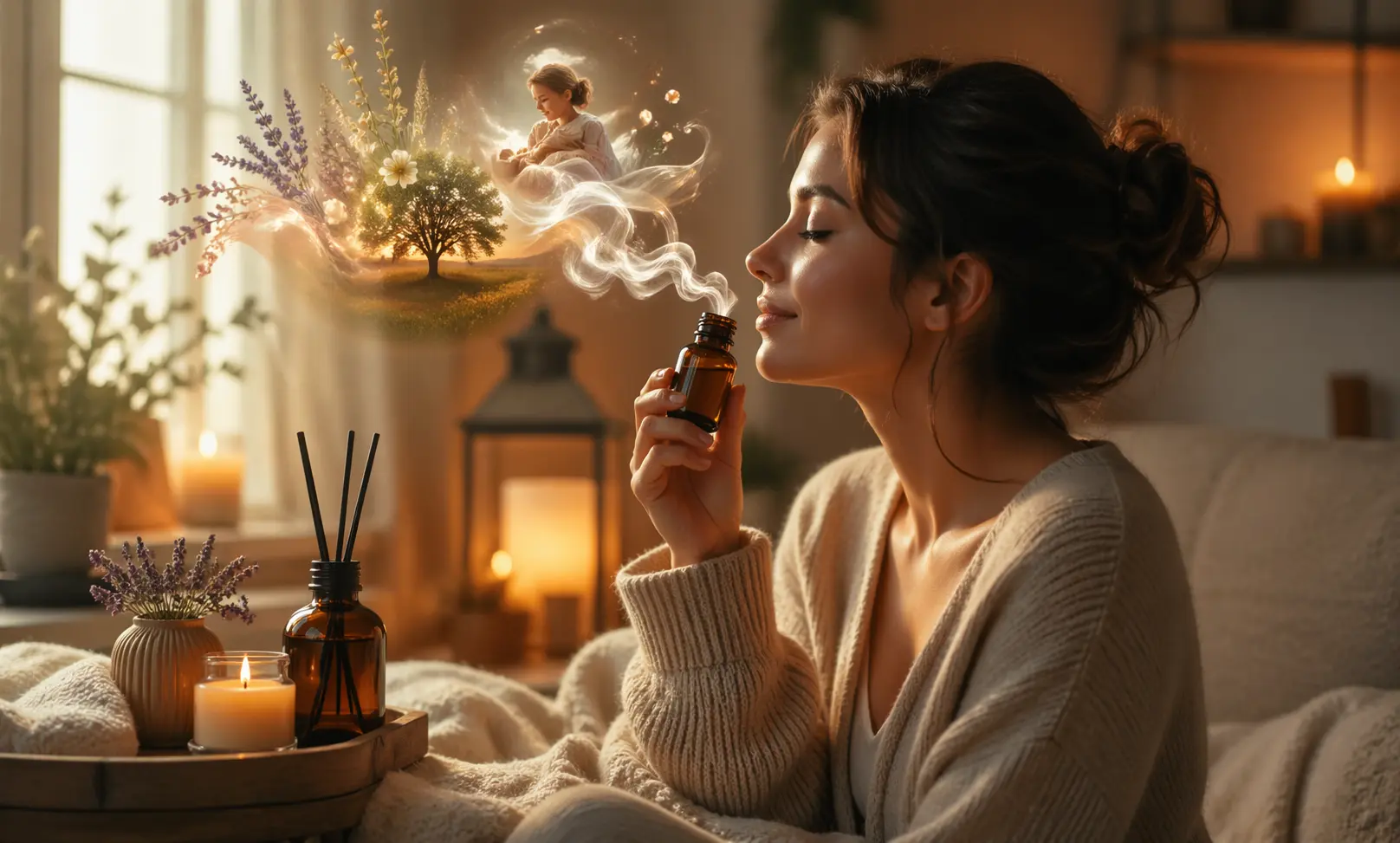 woman relaxing in a warm cozy environment smelling a fragrance representing comforting scents and emotional connection to smell