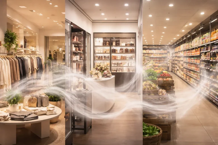 Different retail stores sharing a similar ambient scent atmosphere, illustrating why stores smell the same and how scent branding works