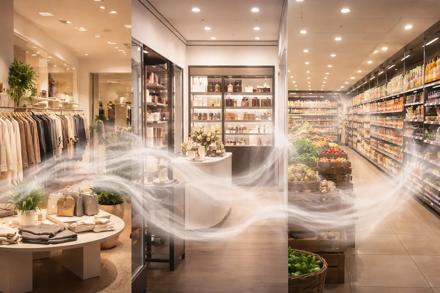 Different retail stores sharing a similar ambient scent atmosphere, illustrating why stores smell the same and how scent branding works