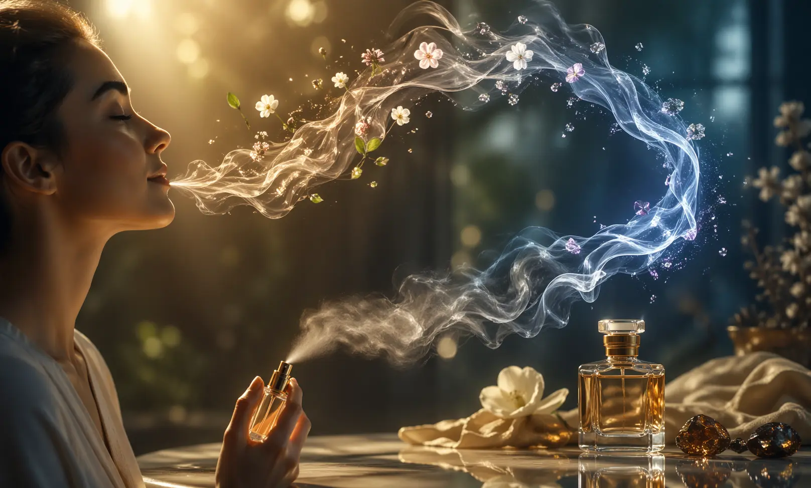 Perfume scent fading and returning concept with floating fragrance molecules transitioning from light top notes to deeper base notes in the air