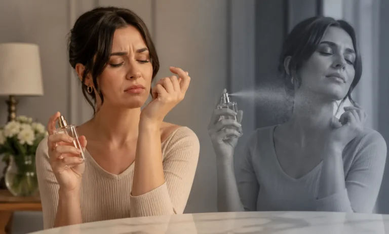 Close-up of perfume spray on skin with subtle vapor fading, representing how temperature and skin chemistry affect fragrance strength and projection