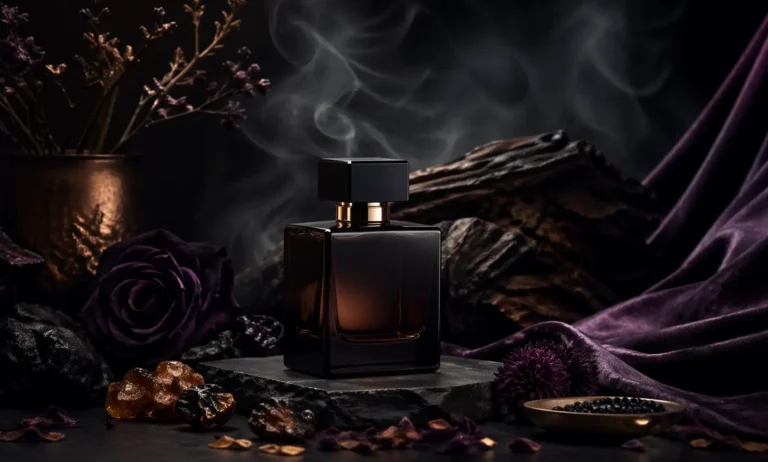 dark mysterious perfume with smoky atmosphere representing deep base notes, woody accords, and long-lasting fragrance depth