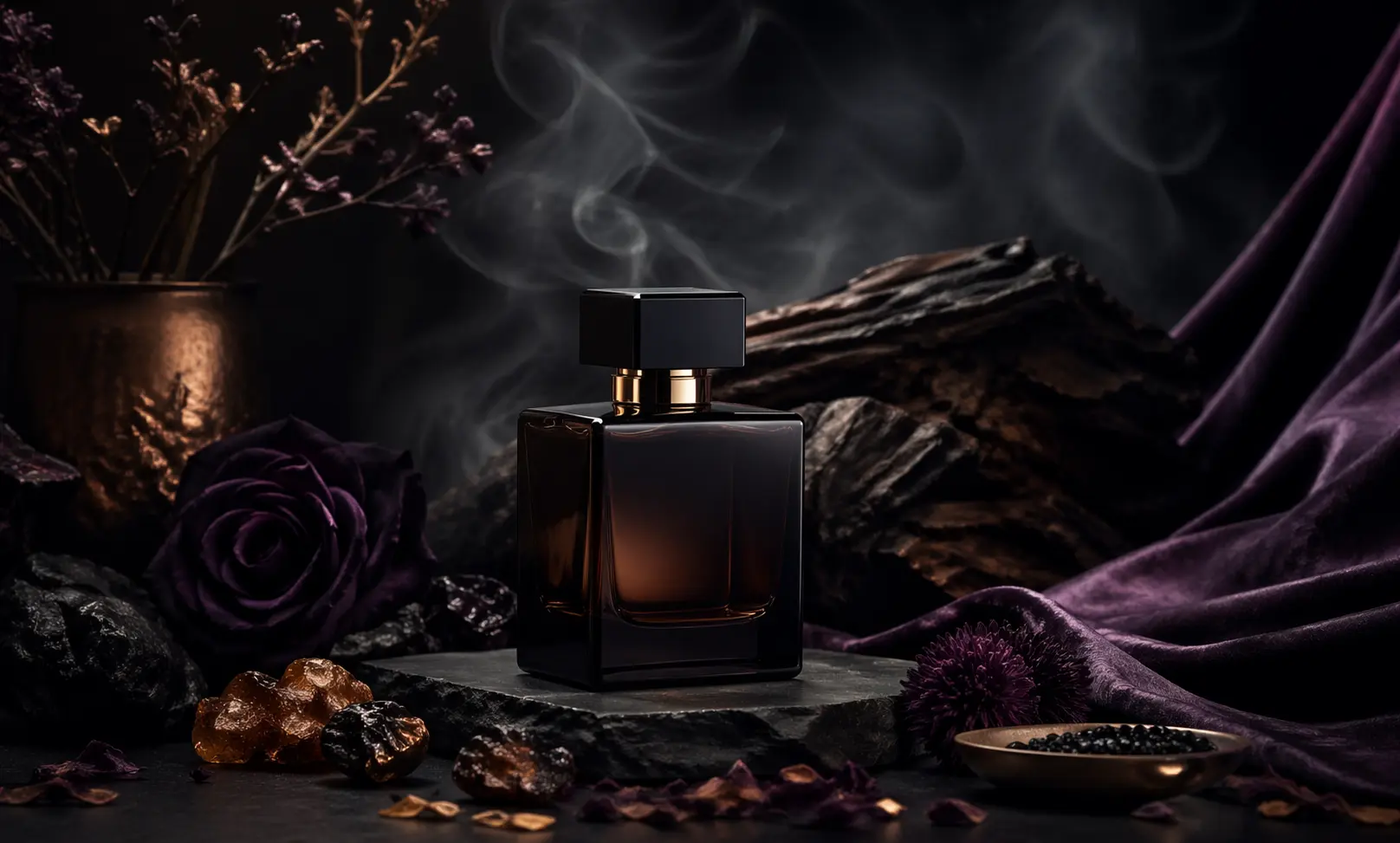 dark mysterious perfume with smoky atmosphere representing deep base notes, woody accords, and long-lasting fragrance depth