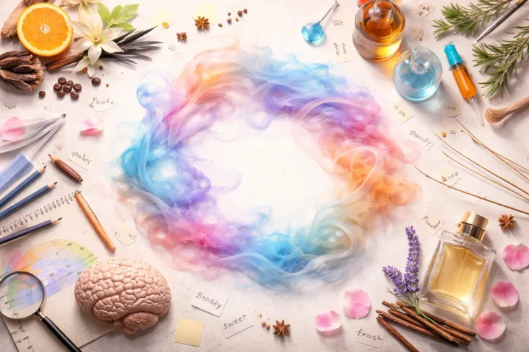 Abstract visualization of scent perception showing colorful fragrance clouds surrounded by perfume ingredients and a brain model, representing why humans struggle to describe smells