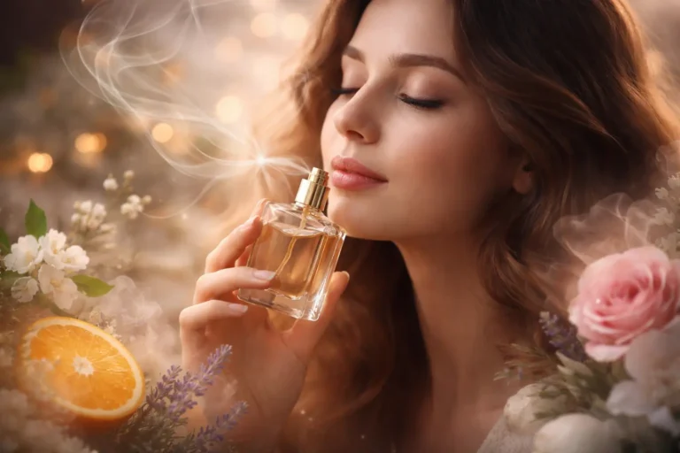 A person surrounded by abstract scent waves in a dreamy atmosphere, representing emotional and unexplainable fragrance perception