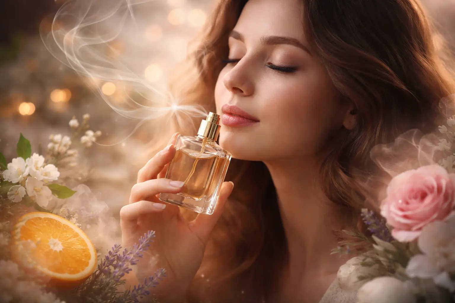 A person surrounded by abstract scent waves in a dreamy atmosphere, representing emotional and unexplainable fragrance perception
