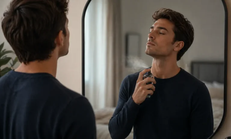 Person spraying perfume and trying to smell it, illustrating nose adaptation and inability to detect own scent over time