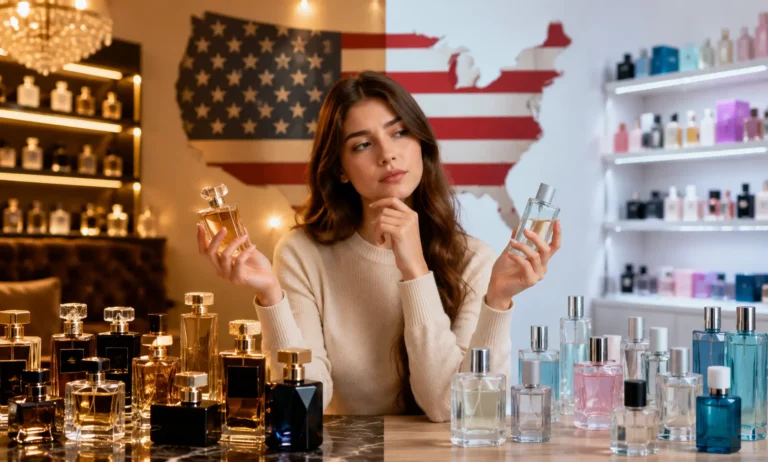 American consumers comparing luxury and affordable perfumes in a modern fragrance shopping environment with elegant and budget-friendly scent options
