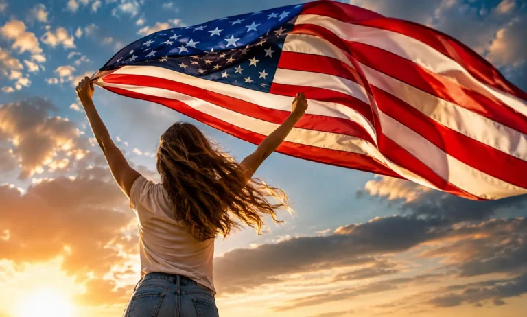 American woman holding a large USA flag during sunset symbolizing freedom identity and modern American culture