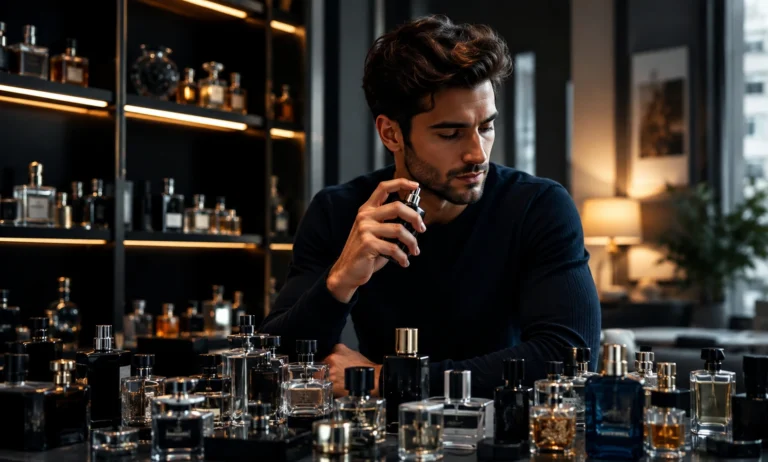 Stylish man exploring multiple fragrance bottles, reflecting the growing interest of modern men in perfume culture and fragrance collecting