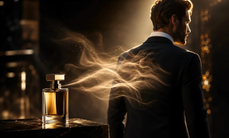 Elegant man surrounded by a smooth luxury fragrance scent trail showing soft perfume sillage and controlled projection in a dark cinematic environment.