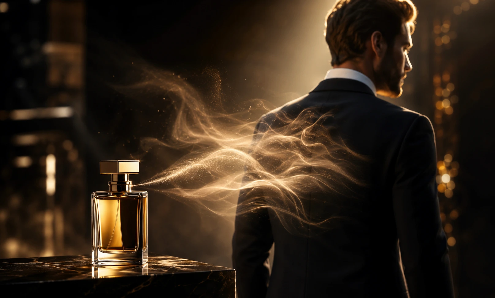 Elegant man surrounded by a smooth luxury fragrance scent trail showing soft perfume sillage and controlled projection in a dark cinematic environment.
