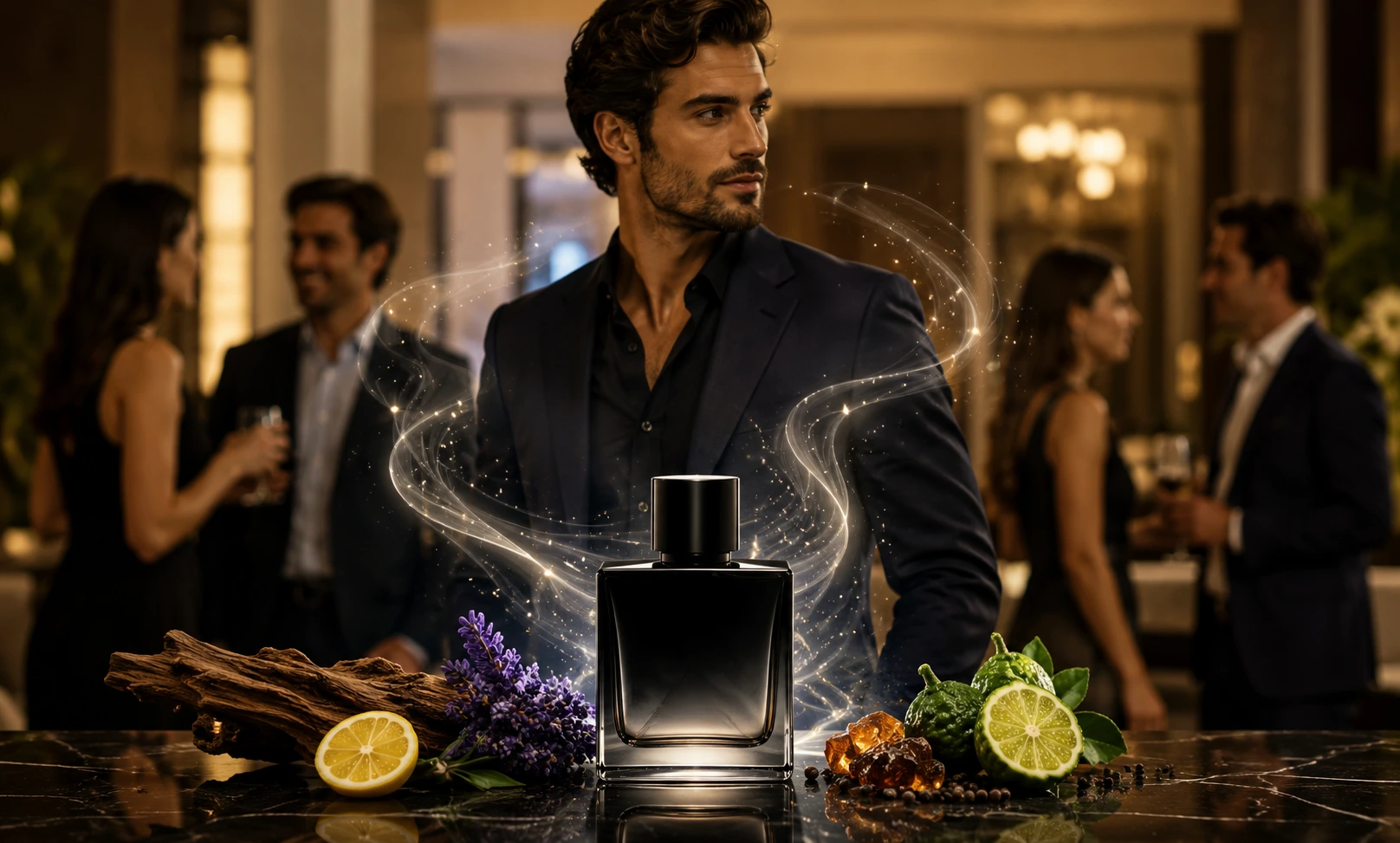 Elegant man wearing a controlled projection fragrance in a luxurious indoor social environment with smooth scent aura