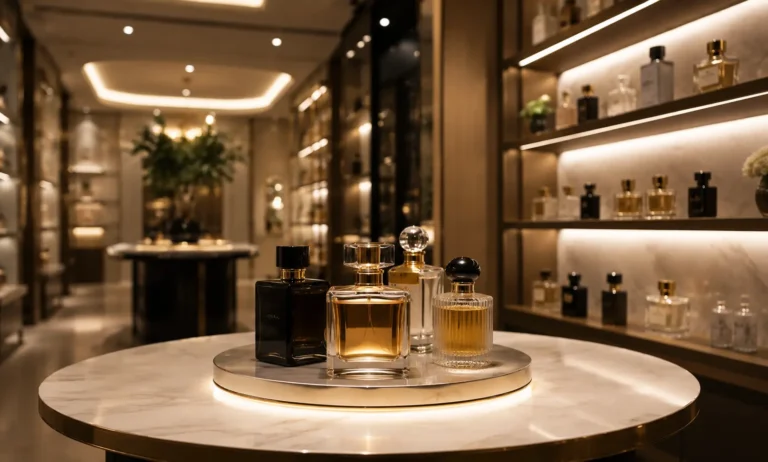 Luxury curated perfume collection displayed inside a minimalist high-end fragrance boutique with elegant lighting and premium atmosphere