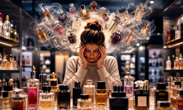 Overwhelmed perfume shopper surrounded by multiple fragrance bottles inside a luxury perfume store representing decision fatigue and consumer psychology