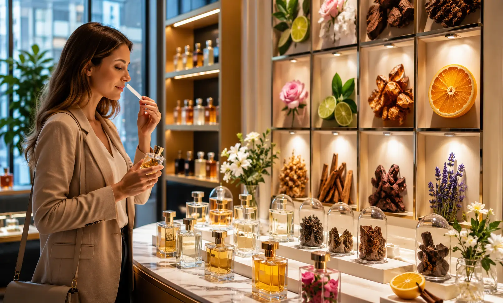 Modern American perfume store displaying fragrance ingredients and scent notes to enhance customer shopping experience and perfume discovery