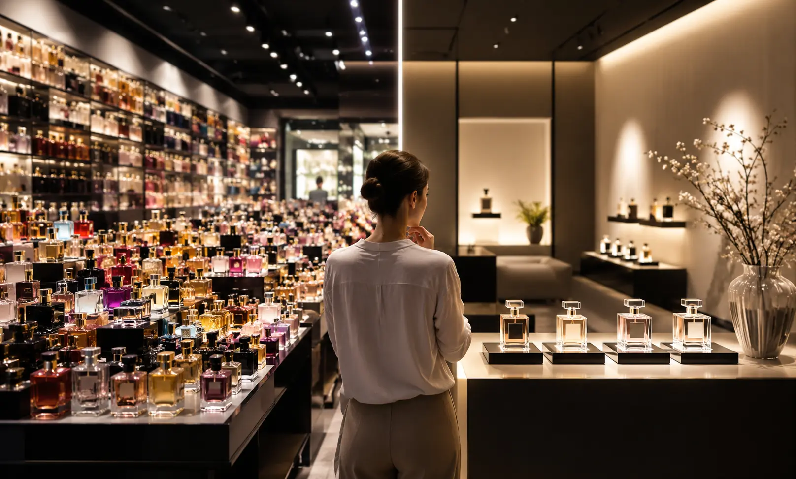 Customer comparing minimalist perfume store design with overcrowded fragrance displays inside a modern luxury perfume shop