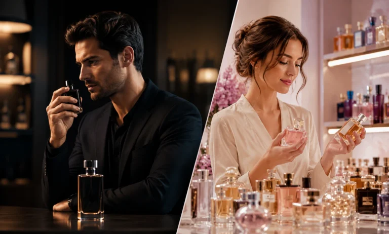 Man using a signature fragrance while woman compares multiple perfume bottles, illustrating differences in fragrance habits, scent loyalty, and perfume preferences.