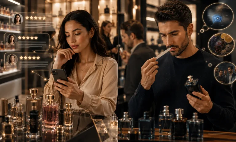 Female shopper reading online perfume reviews on a smartphone while a male shopper evaluates a fragrance directly in a luxury perfume store