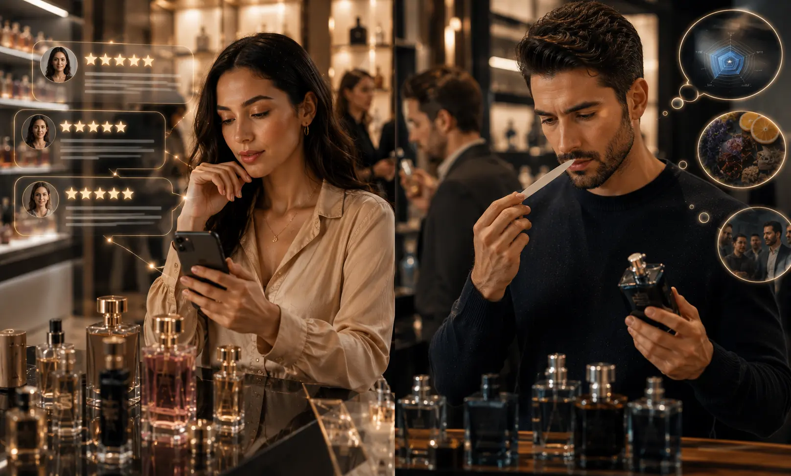 Female shopper reading online perfume reviews on a smartphone while a male shopper evaluates a fragrance directly in a luxury perfume store