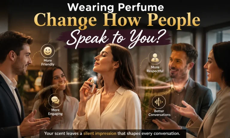 A person wearing perfume while others respond warmly in conversation, showing how scent influences tone of voice and social interaction